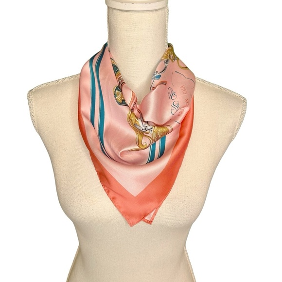 NEW Pink Coral Equestrian Saddle Design Satin Square Luxury Style Scarf - Picture 12 of 15
